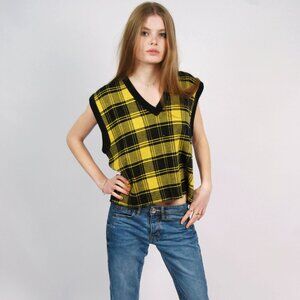 90s Plaid Sweater Vest (l) large black yellow vintage womens top preppy cluless